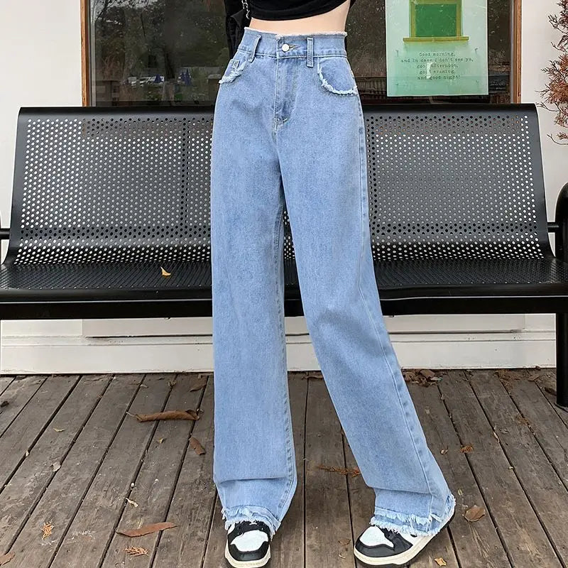 Blue Straight Basic Loose Casual Full-Length Jeans