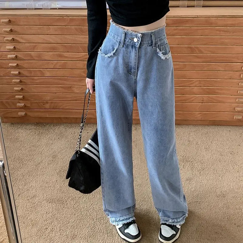 Blue Straight Basic Loose Casual Full-Length Jeans