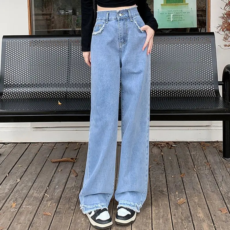 Blue Straight Basic Loose Casual Full-Length Jeans