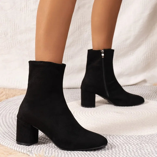 Fashion Knitted Stretch Sewing Square Heels Ankle Boot
