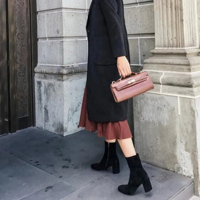 Fashion Knitted Stretch Sewing Square Heels Ankle Boot