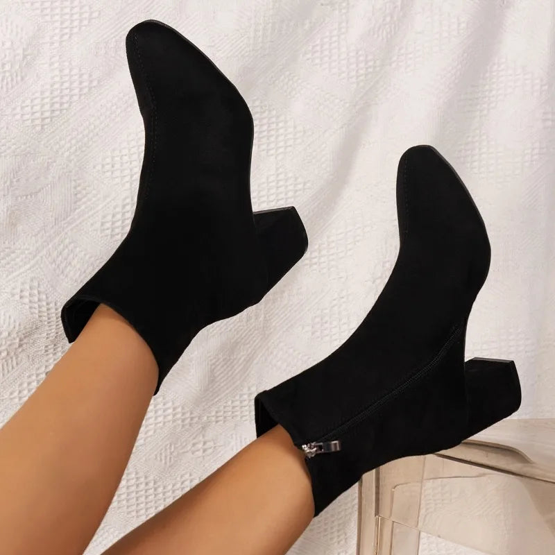 Fashion Knitted Stretch Sewing Square Heels Ankle Boot