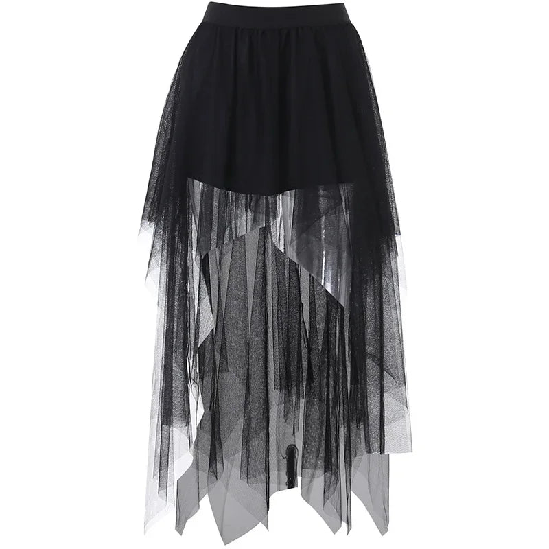 Fashion Net Yarn High-Waisted Irregular for Gothic Style Summer Casual Skirt