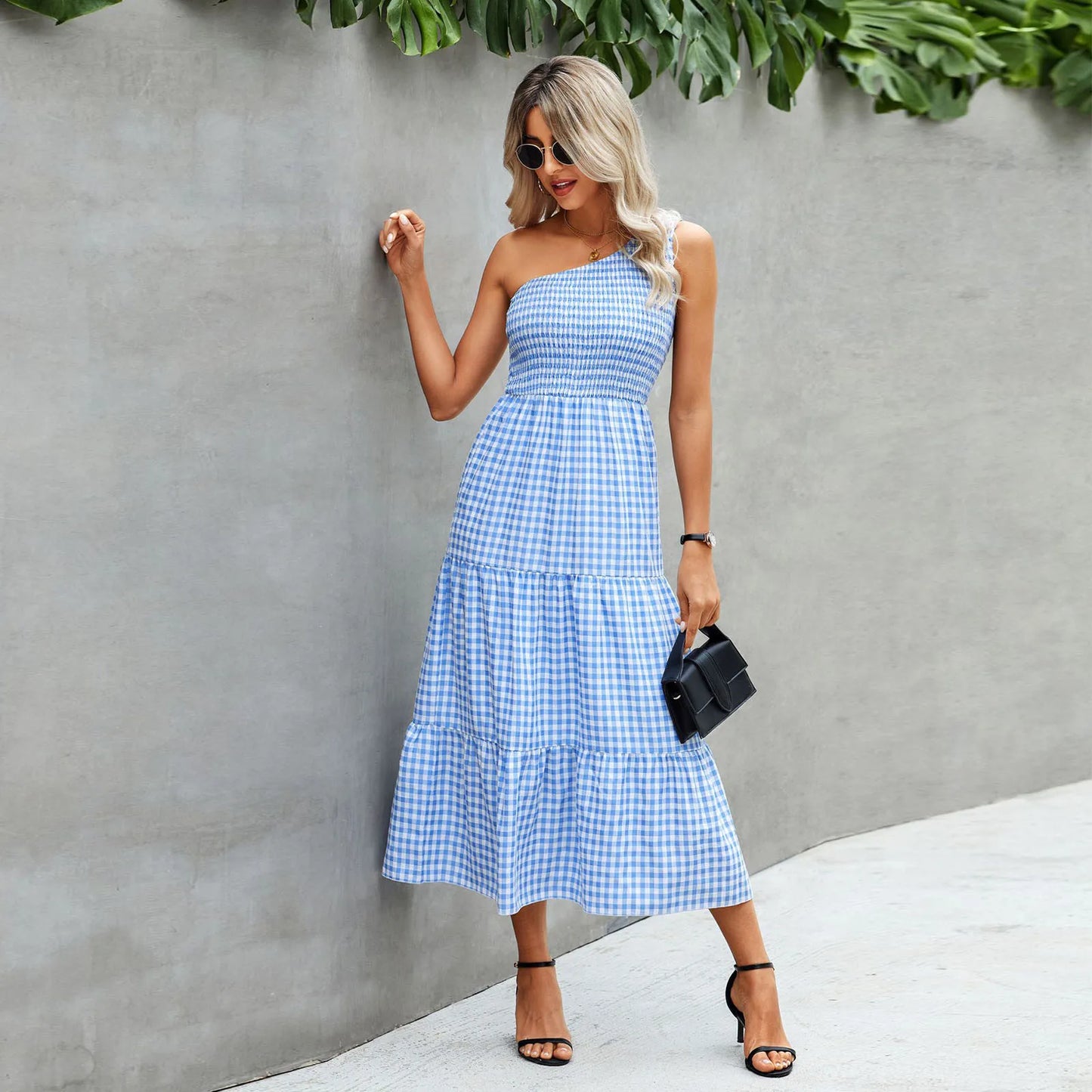 Fashionable One Shoulder Sleeveless Gingham Print Summer Casual Loose Holiday Elegant Woman Party Dress