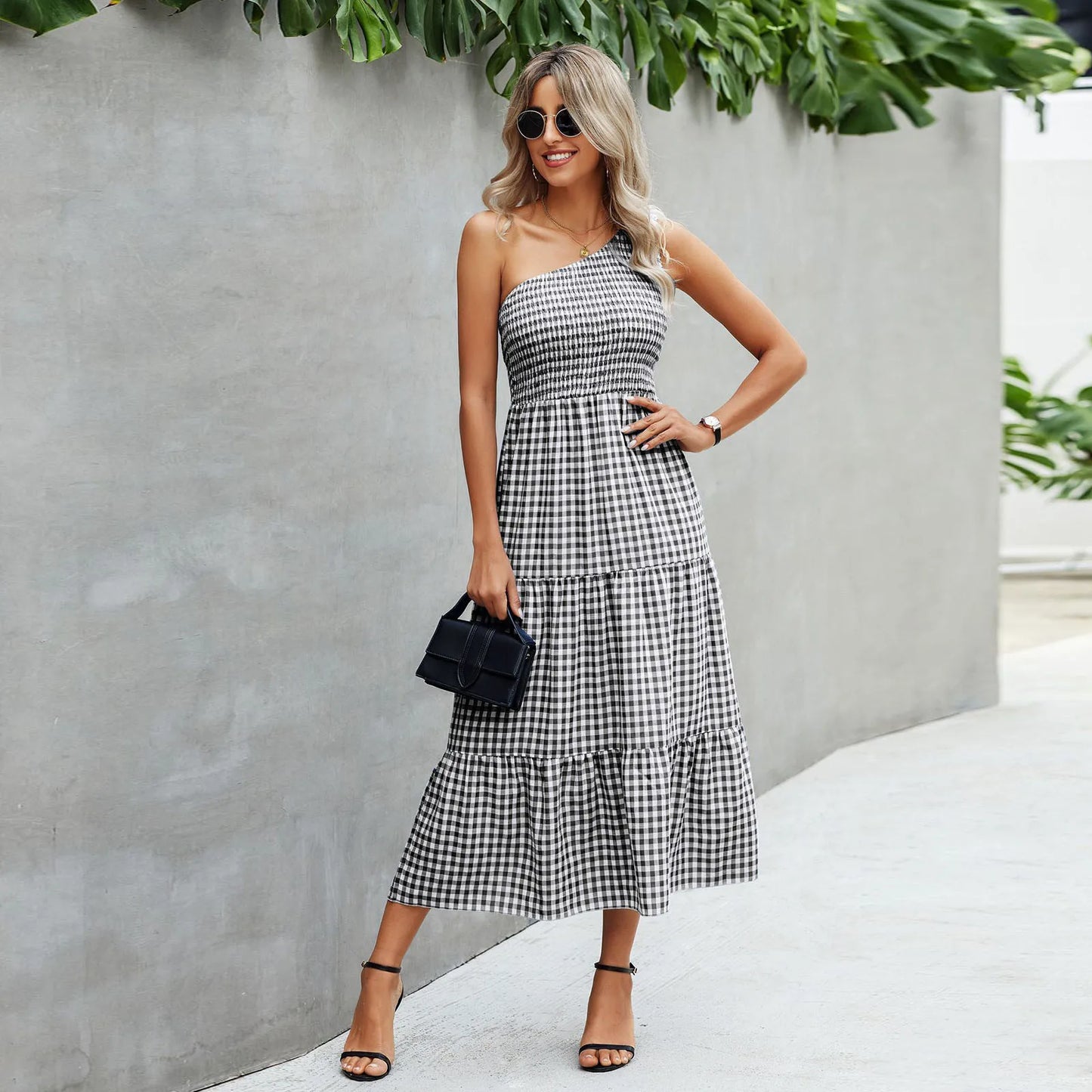 Fashionable One Shoulder Sleeveless Gingham Print Summer Casual Loose Holiday Elegant Woman Party Dress