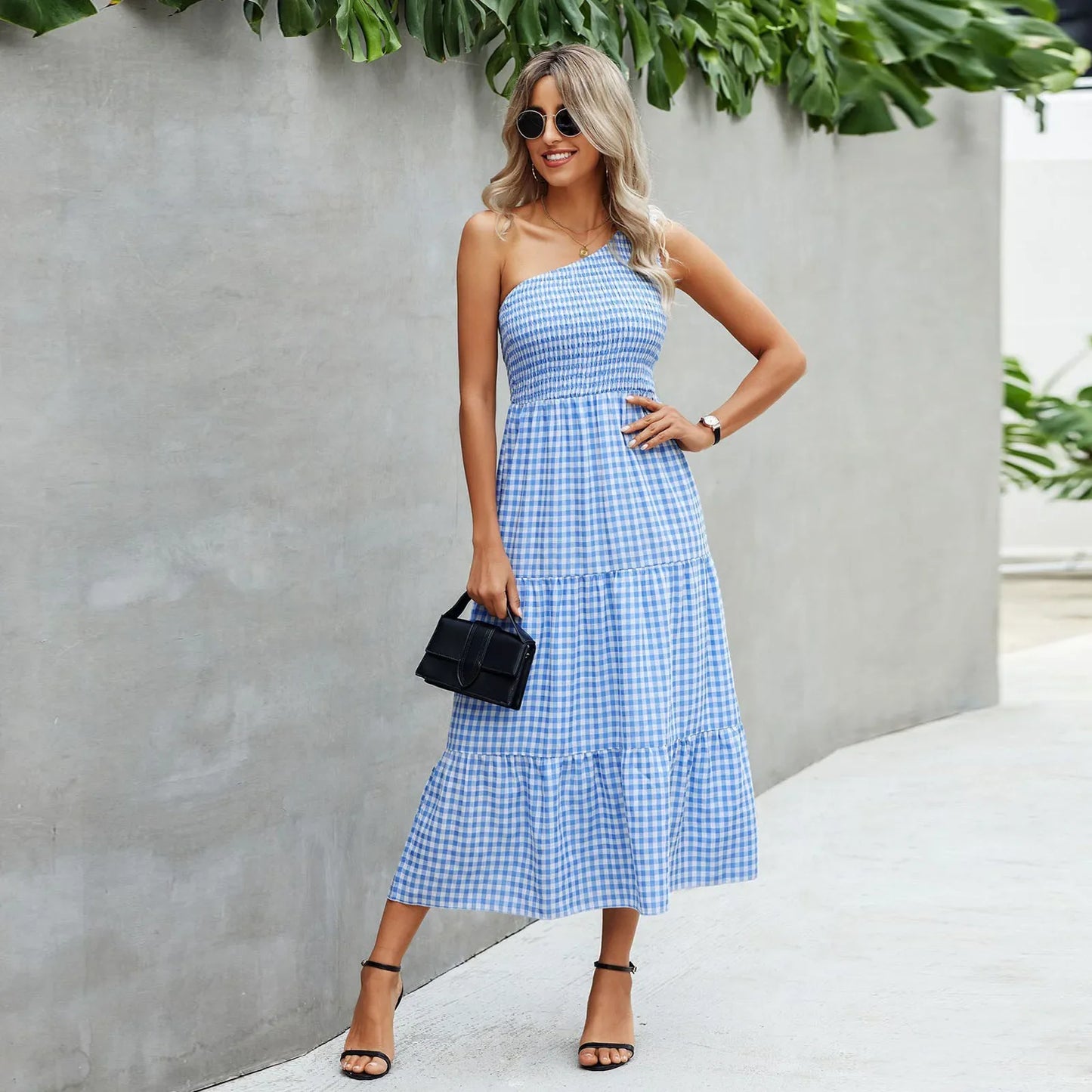 Fashionable One Shoulder Sleeveless Gingham Print Summer Casual Loose Holiday Elegant Woman Party Dress