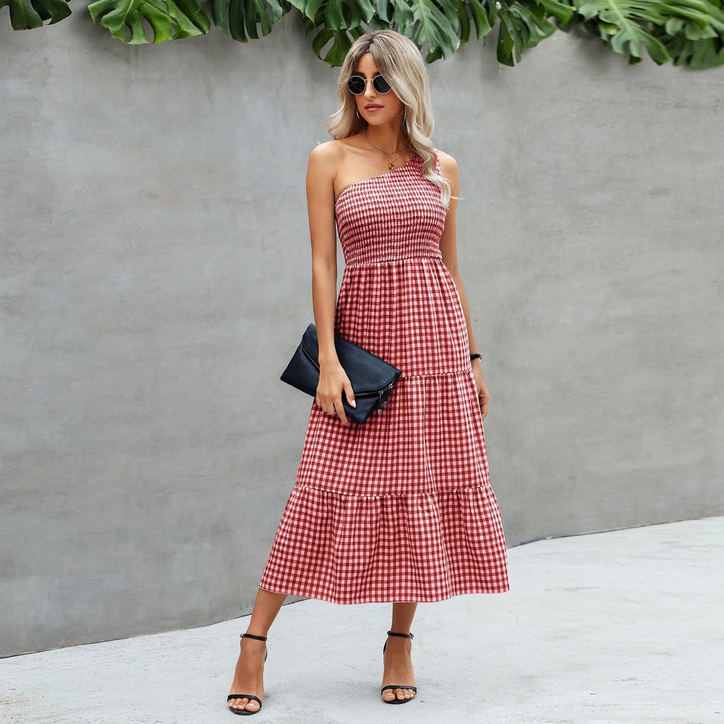 Fashionable One Shoulder Sleeveless Gingham Print Summer Casual Loose Holiday Elegant Woman Party Dress