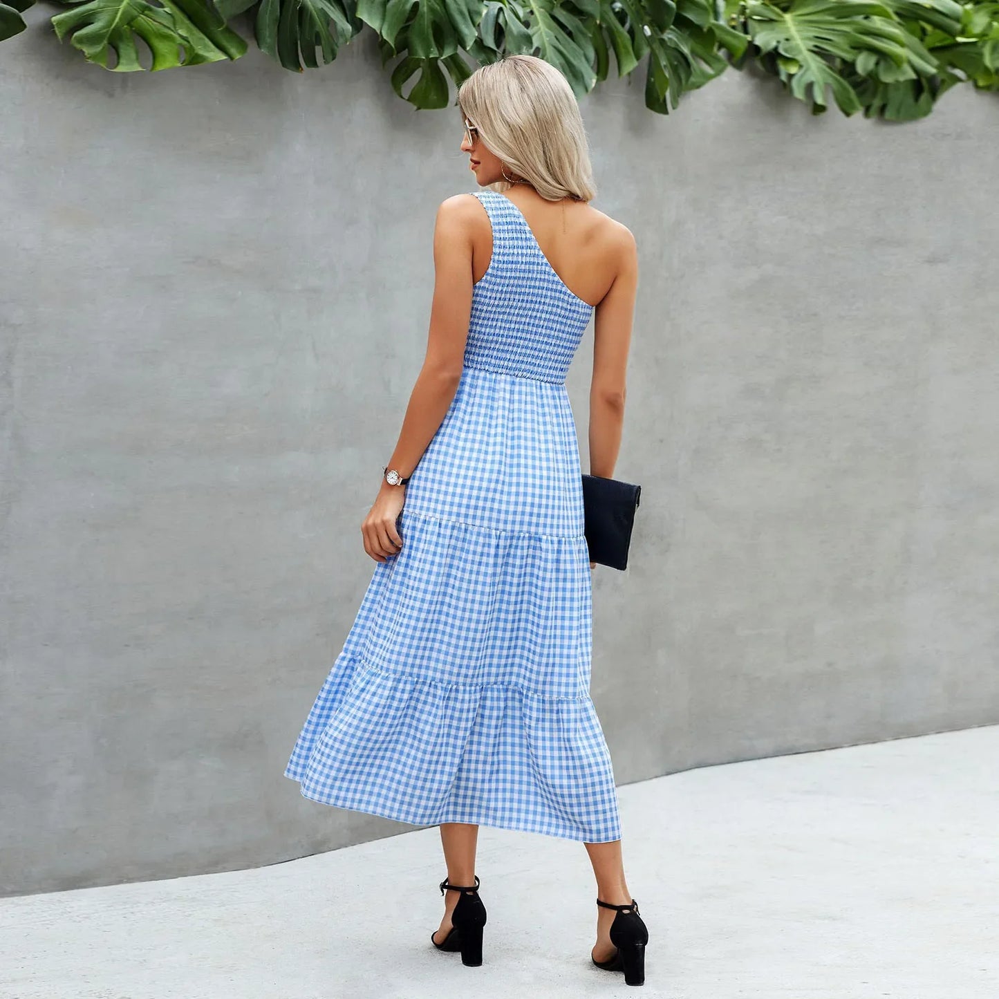 Fashionable One Shoulder Sleeveless Gingham Print Summer Casual Loose Holiday Elegant Woman Party Dress