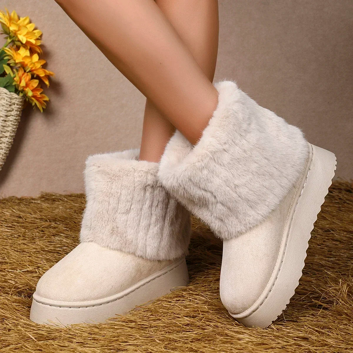 Fashion Round Toe Warm Thickened Plush Winter Beige Mid-calf Boots Thick Sole Casual Comfortable Anti-slip Snow Boot