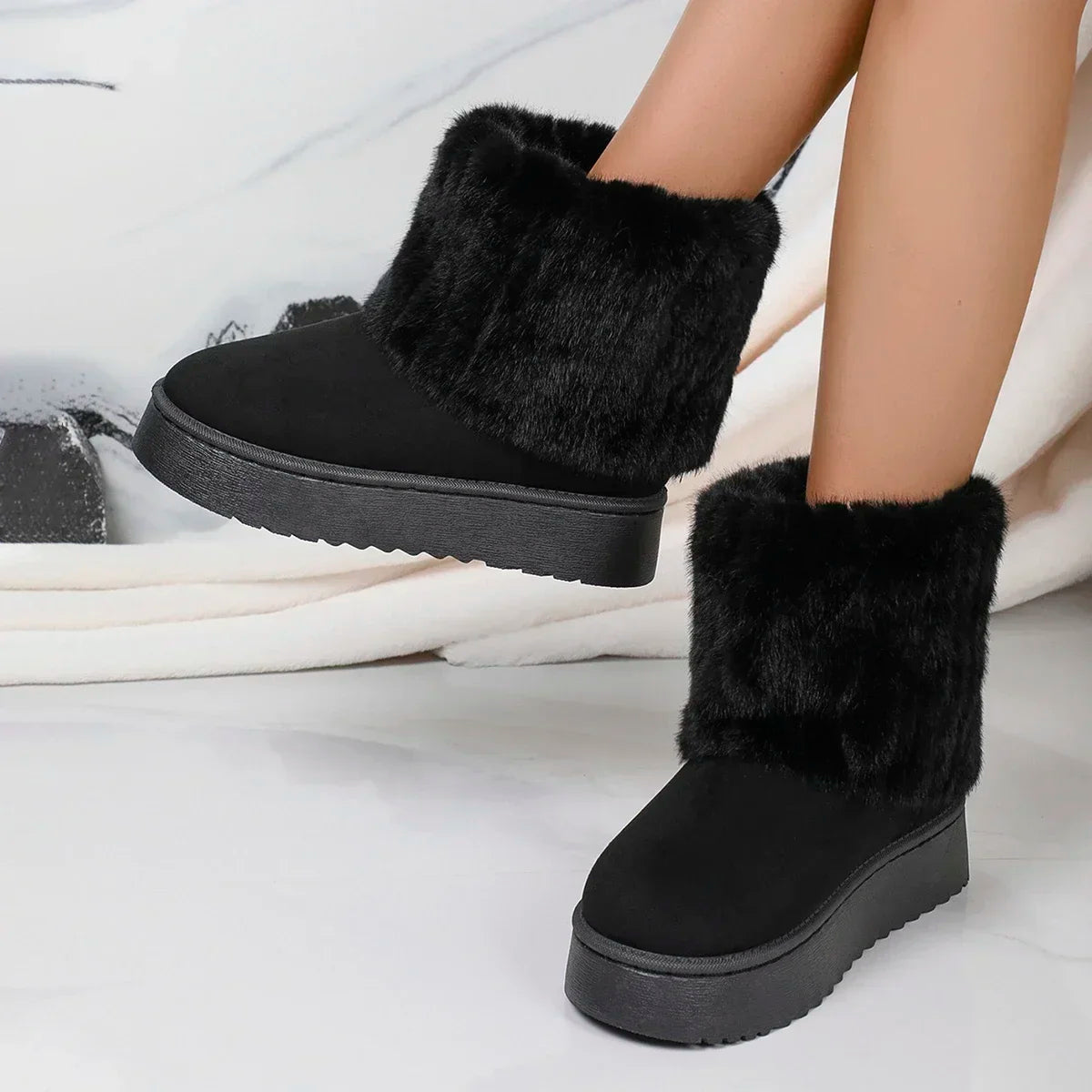 Fashion Round Toe Warm Thickened Plush Winter Beige Mid-calf Boots Thick Sole Casual Comfortable Anti-slip Snow Boot