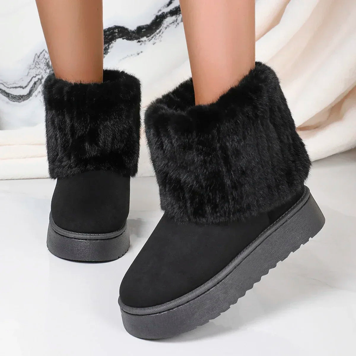 Fashion Round Toe Warm Thickened Plush Winter Beige Mid-calf Boots Thick Sole Casual Comfortable Anti-slip Snow Boot