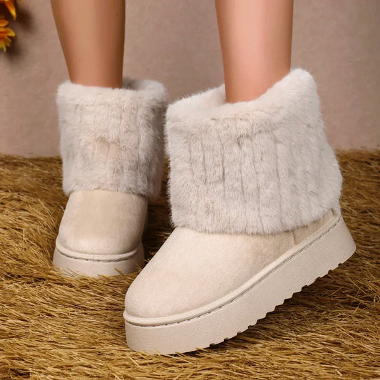 Fashion Round Toe Warm Thickened Plush Winter Beige Mid-calf Boots Thick Sole Casual Comfortable Anti-slip Snow Boot
