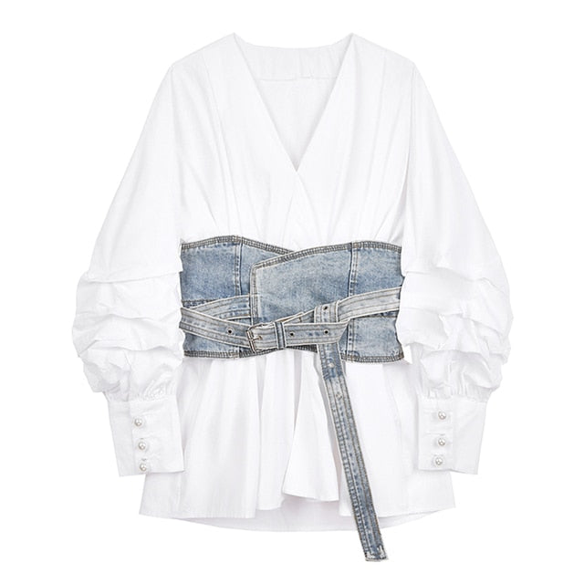 Fatima Denim Cummerbund Blouse