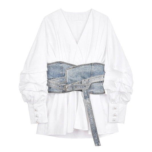 Fatima Denim Cummerbund Blouse