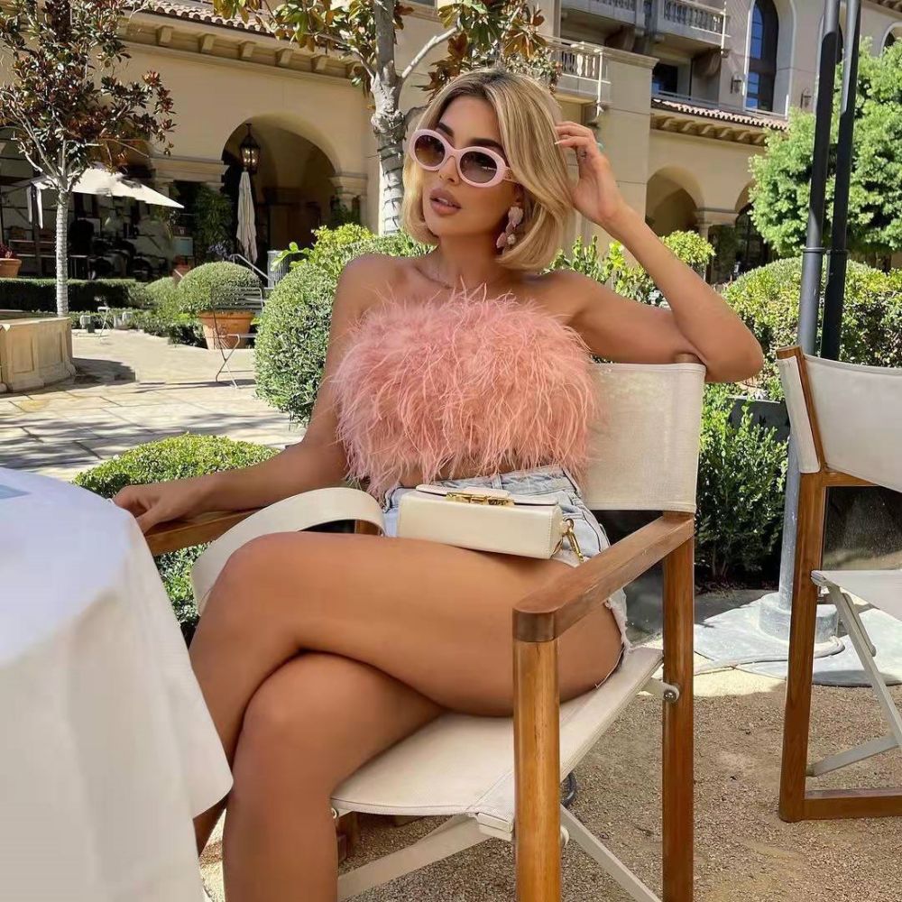 Faux Ostrich Feather Soft Fur Tank Short Vest Colorful Backless Nightclub Tube Top