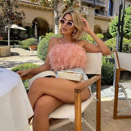 Faux Ostrich Feather Soft Fur Tank Short Vest Colorful Backless Nightclub Tube Top