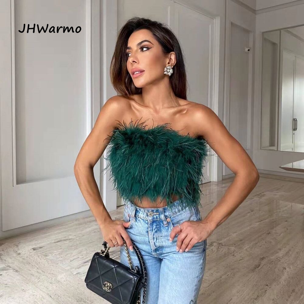 Faux Ostrich Feather Soft Fur Tank Short Vest Colorful Backless Nightclub Tube Top