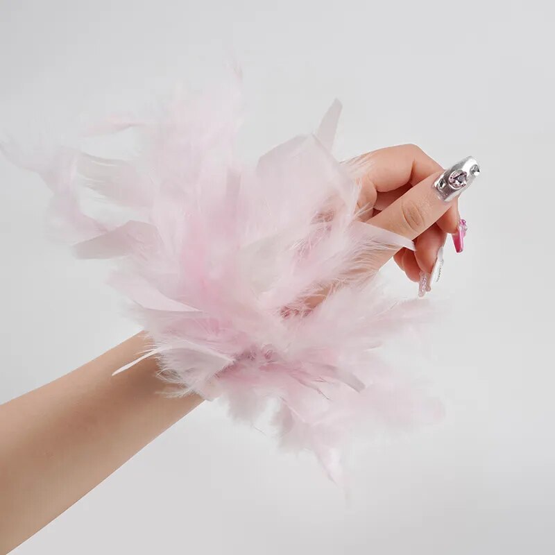 Faux Ostrich Fur Feather Snap Cuff Bracelet