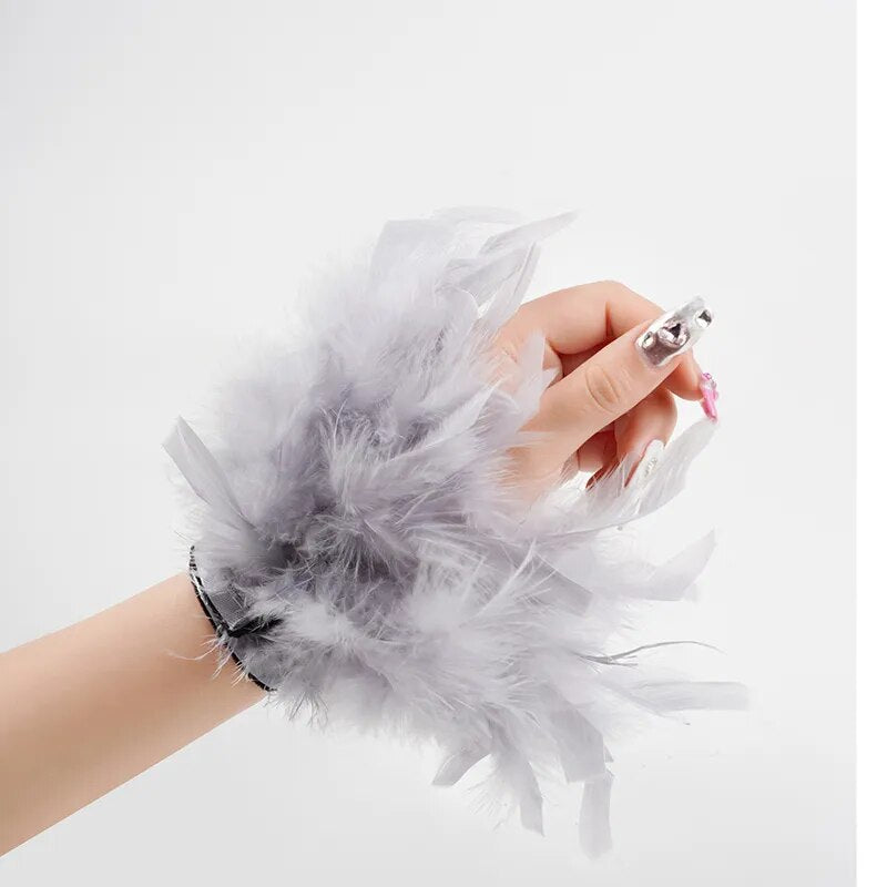 Faux Ostrich Fur Feather Snap Cuff Bracelet