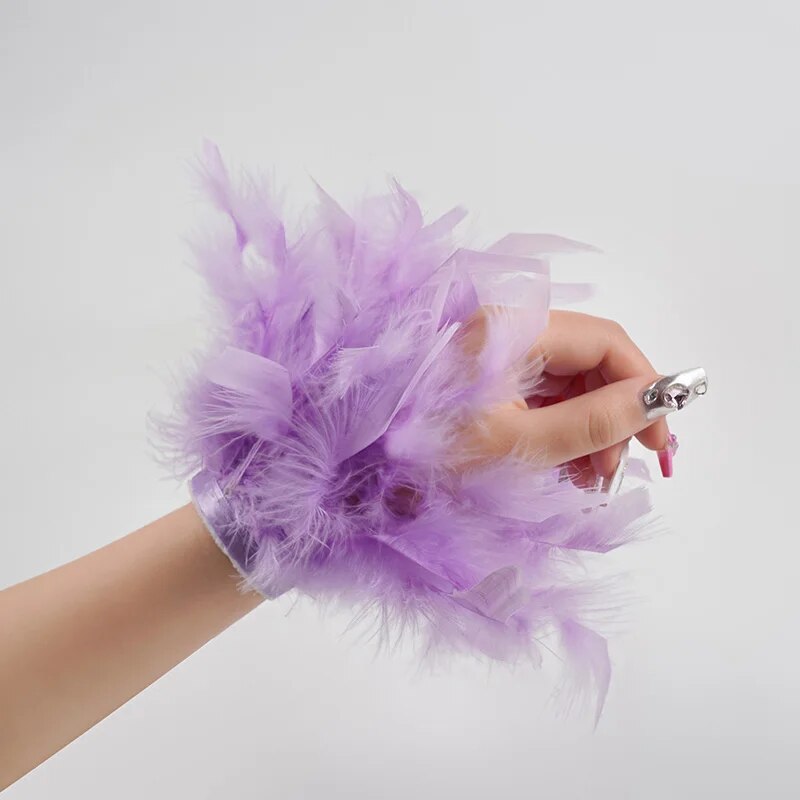 Faux Ostrich Fur Feather Snap Cuff Bracelet