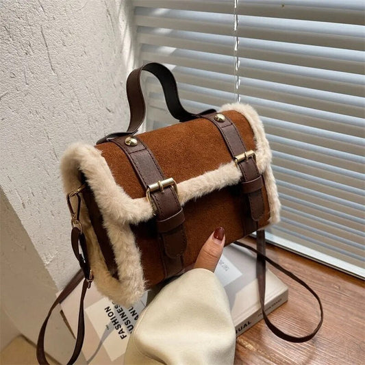 Faux Shearling Box Shoulder Bags