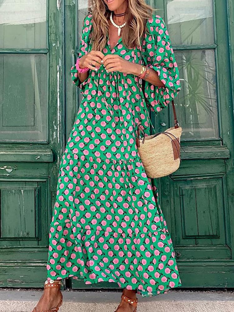 Female Loose V Neck Bohemian Long Dress