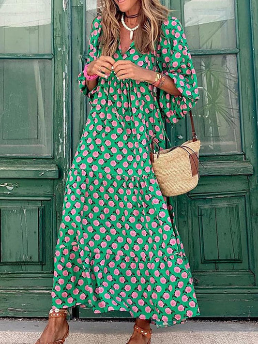 Female Loose V Neck Bohemian Long Dress