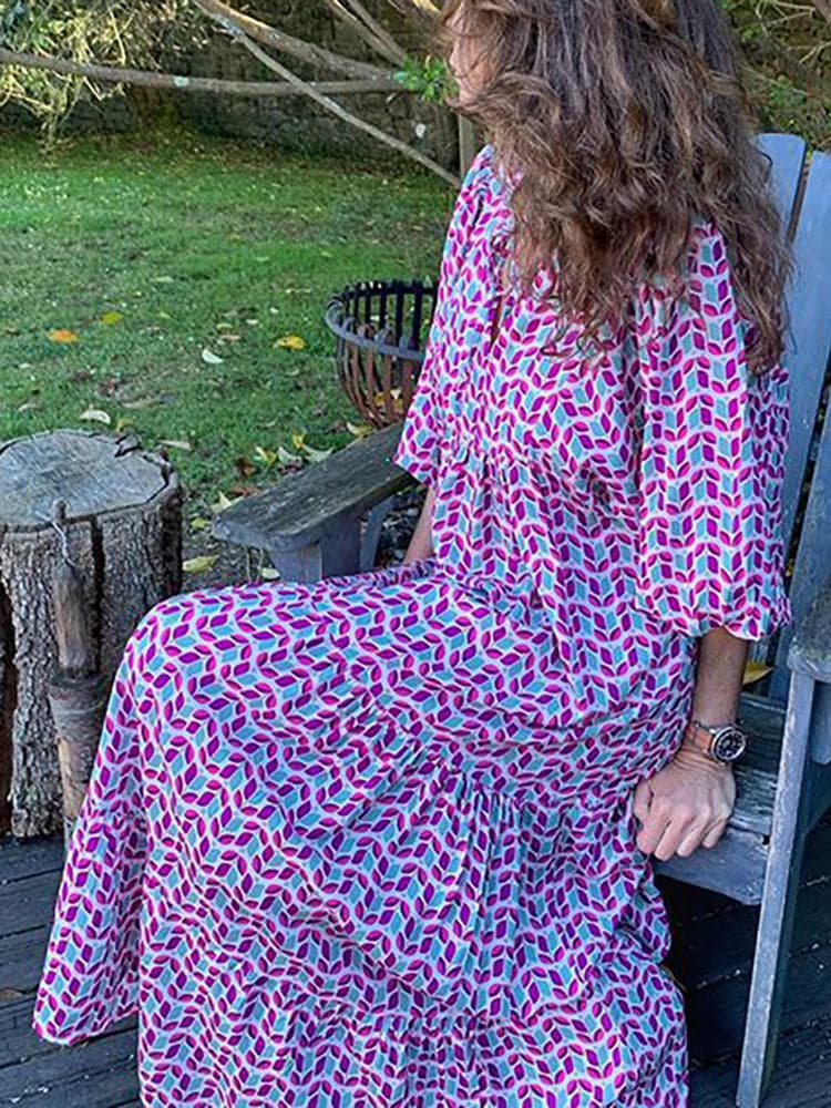 Female Loose V Neck Bohemian Long Dress