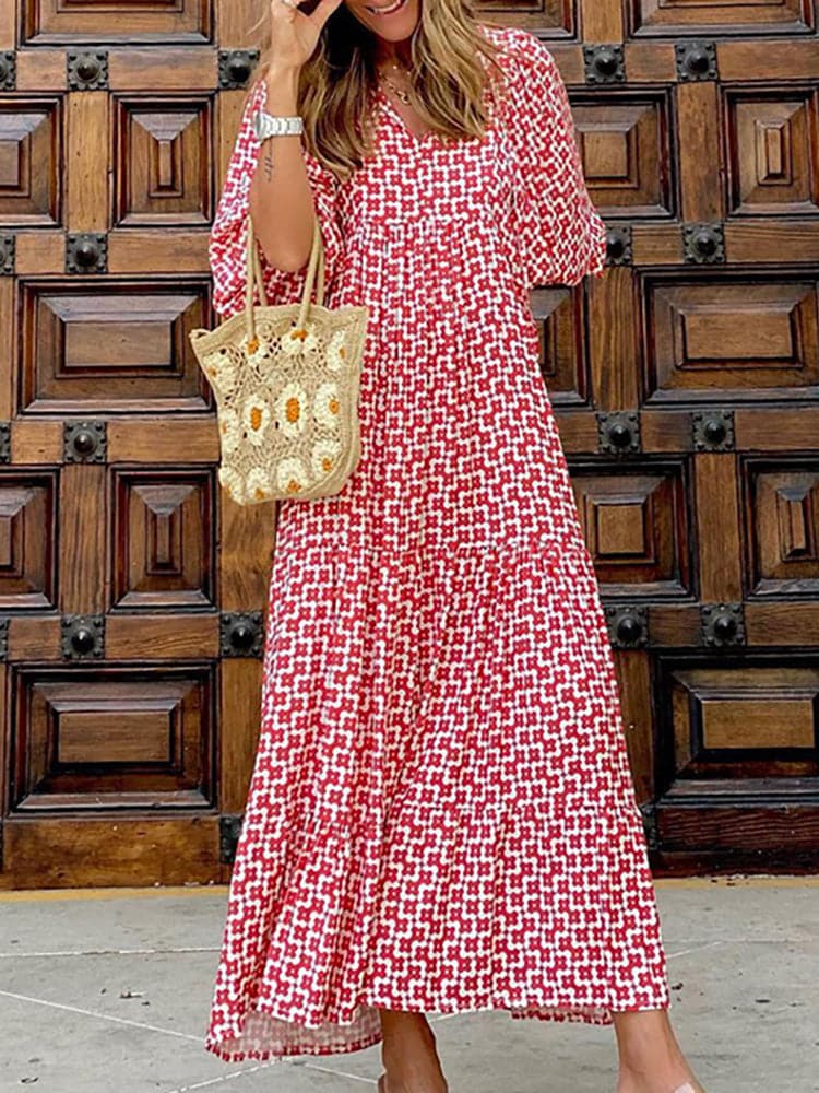 Female Loose V Neck Bohemian Long Dress