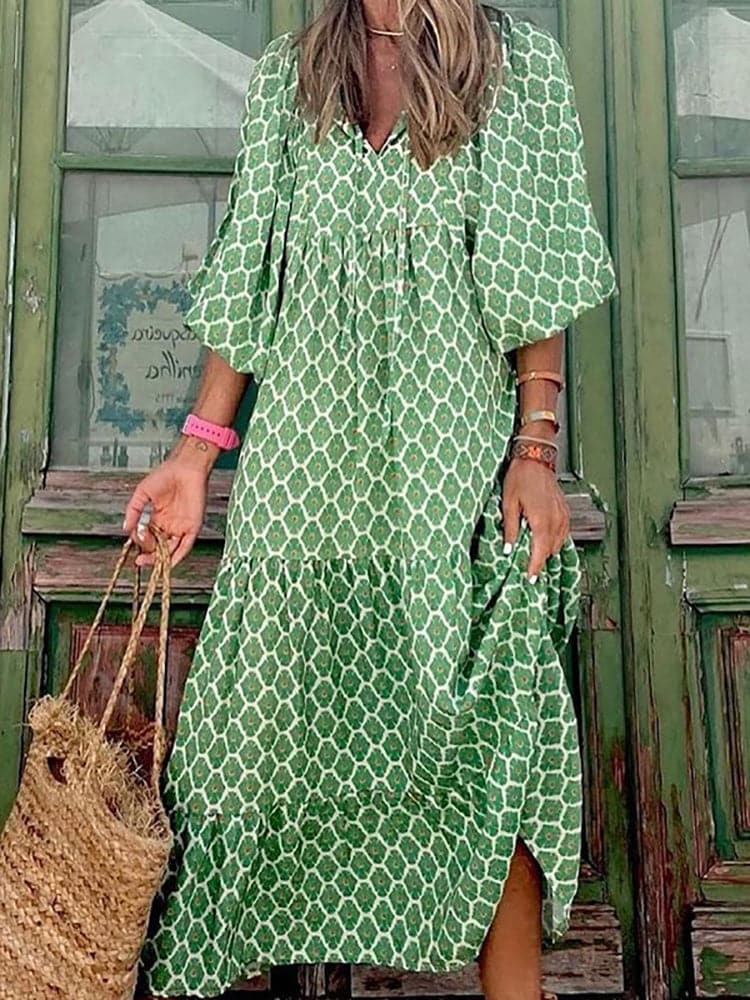 Female Loose V Neck Bohemian Long Dress