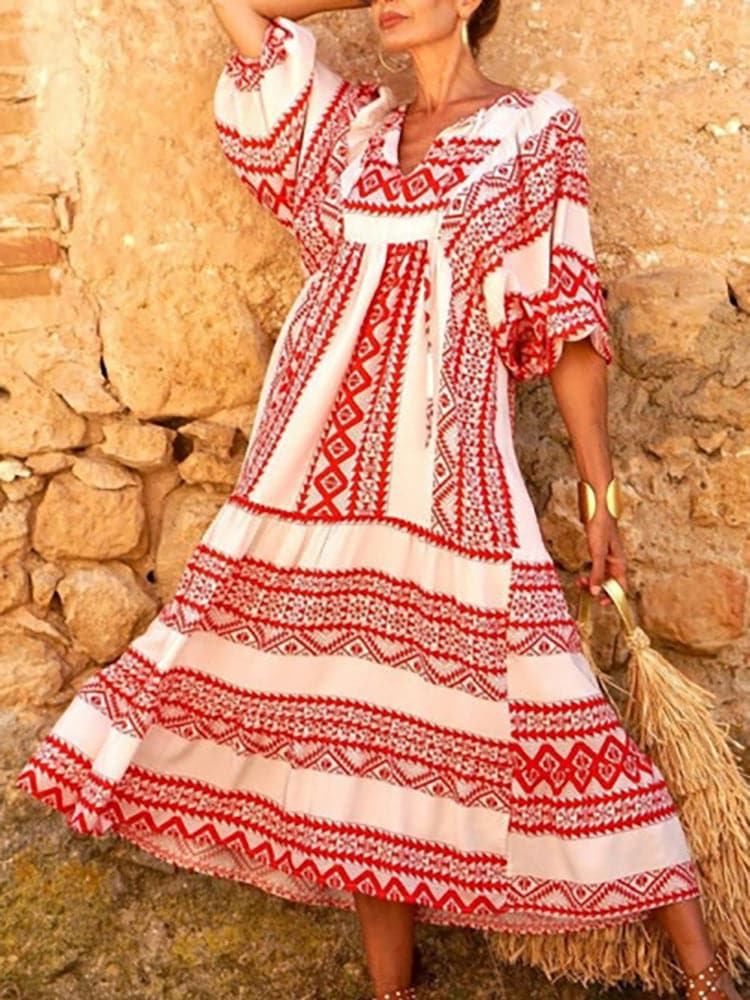 Female Loose V Neck Bohemian Long Dress