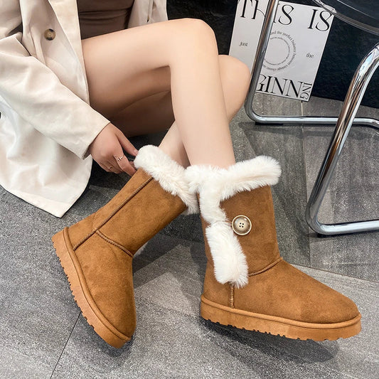 Female Shoes on Sale Winter Fashion Warm Women's Mid-calf Boots Casual and Versatile Plush Cotton Boots Botas De Mujer