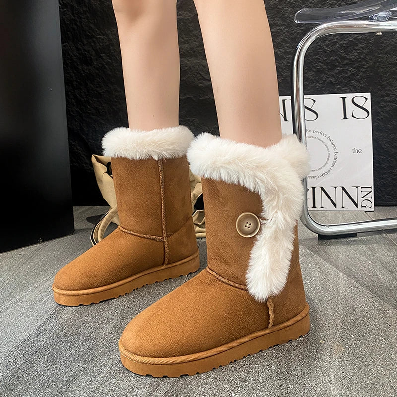 Female Shoes on Sale Winter Fashion Warm Women's Mid-calf Boots Casual and Versatile Plush Cotton Boots Botas De Mujer