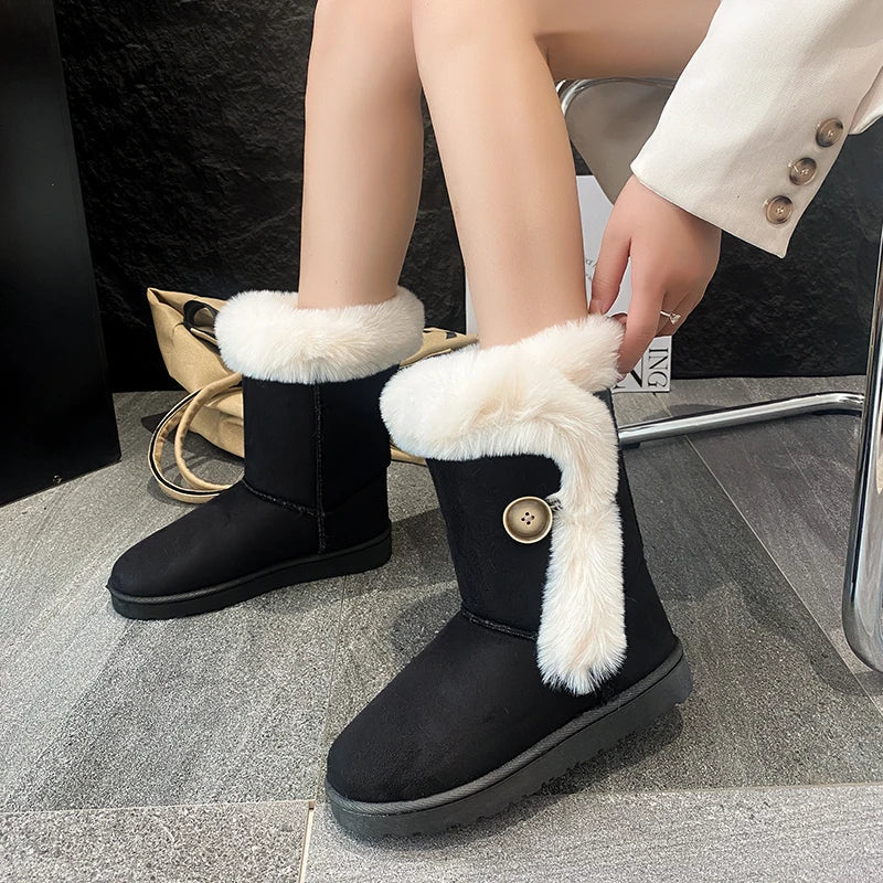 Female Shoes on Sale Winter Fashion Warm Women's Mid-calf Boots Casual and Versatile Plush Cotton Boots Botas De Mujer