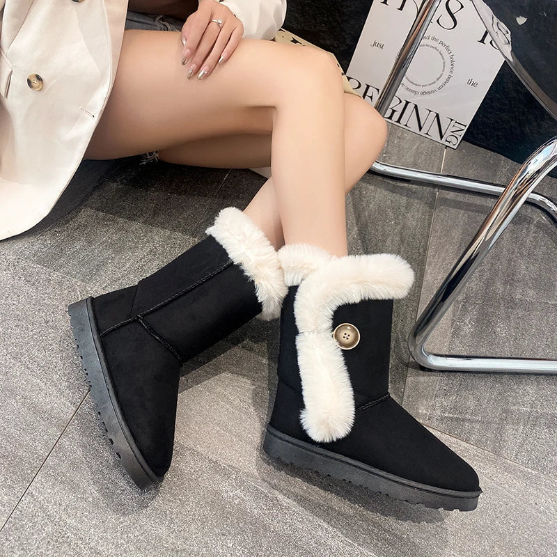 Female Shoes on Sale Winter Fashion Warm Women's Mid-calf Boots Casual and Versatile Plush Cotton Boots Botas De Mujer