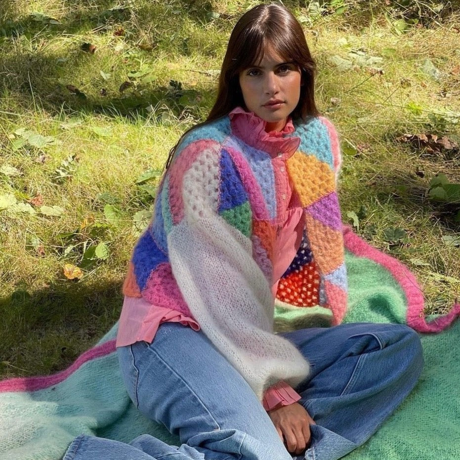 Fiza Colorful Origami Pattern Bohemian Knit Cardigan