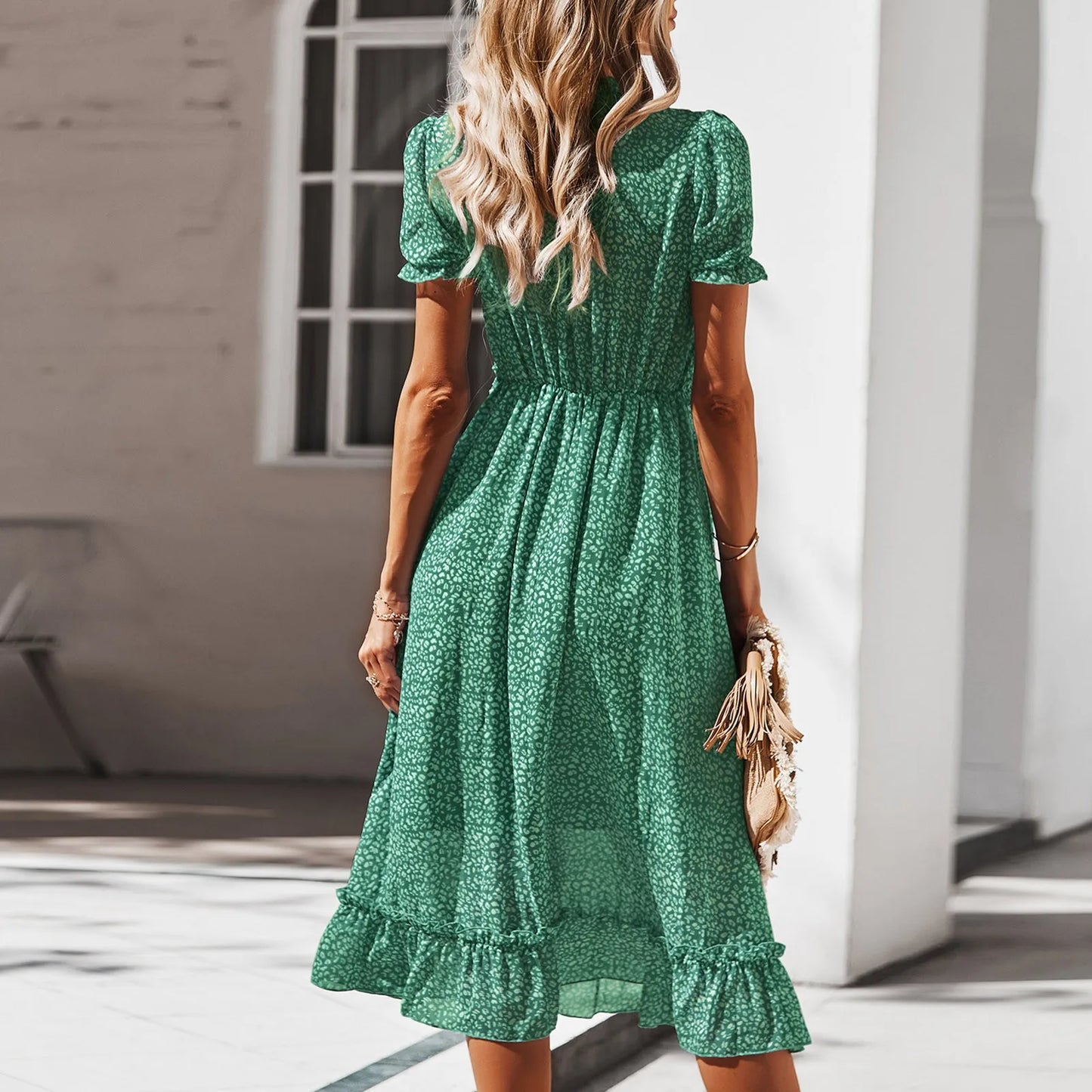 Summer Short Sleeve V-Neck Flowy Chic Party Beach Midi Dress