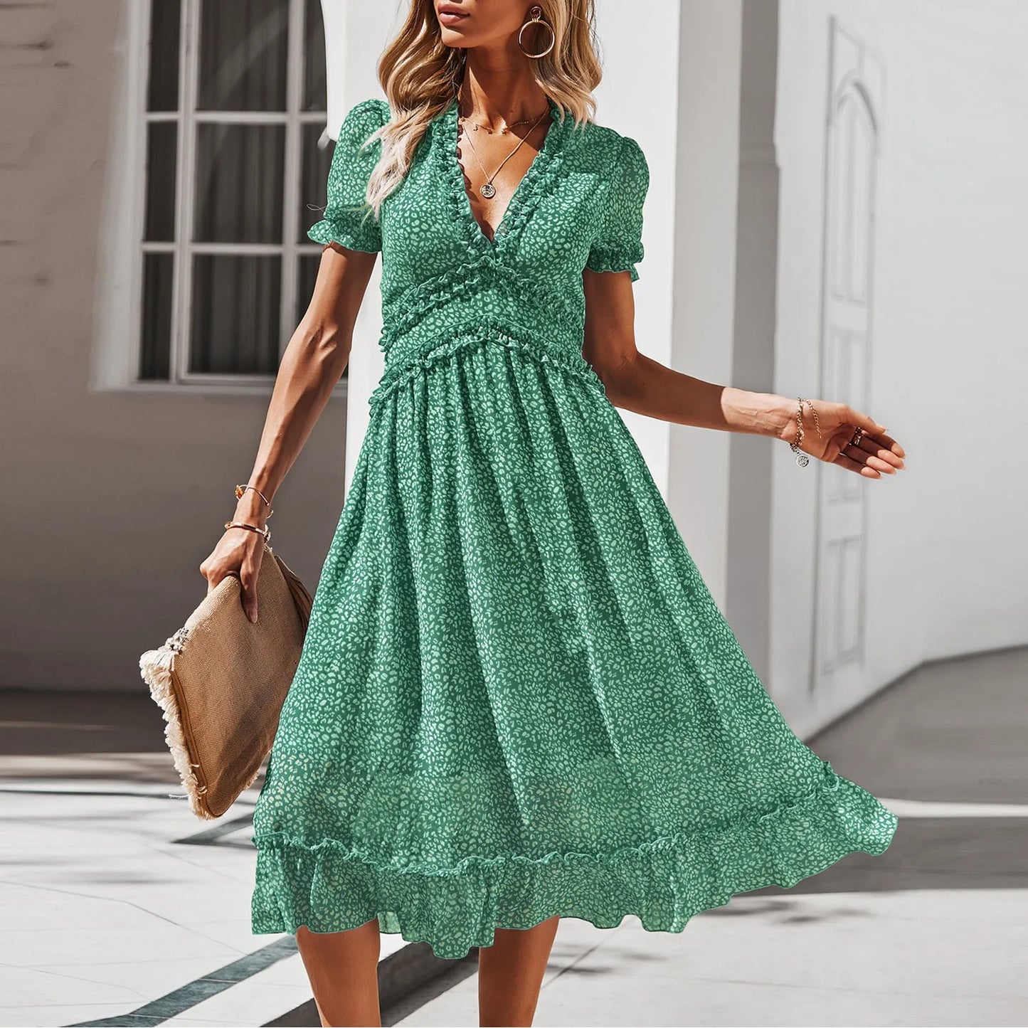 Summer Short Sleeve V-Neck Flowy Chic Party Beach Midi Dress