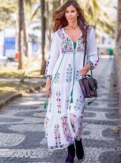 Floral Embroidered Maxi Folk Dress