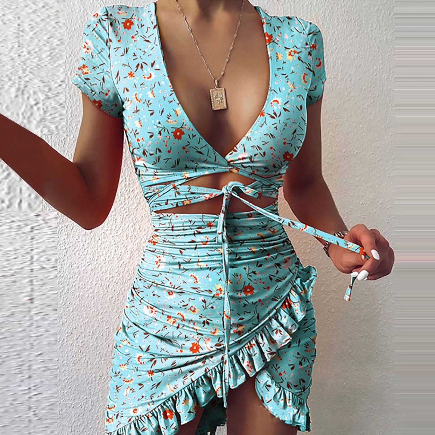 Floral Print Fashion Tie Up Wrap Mini Dress