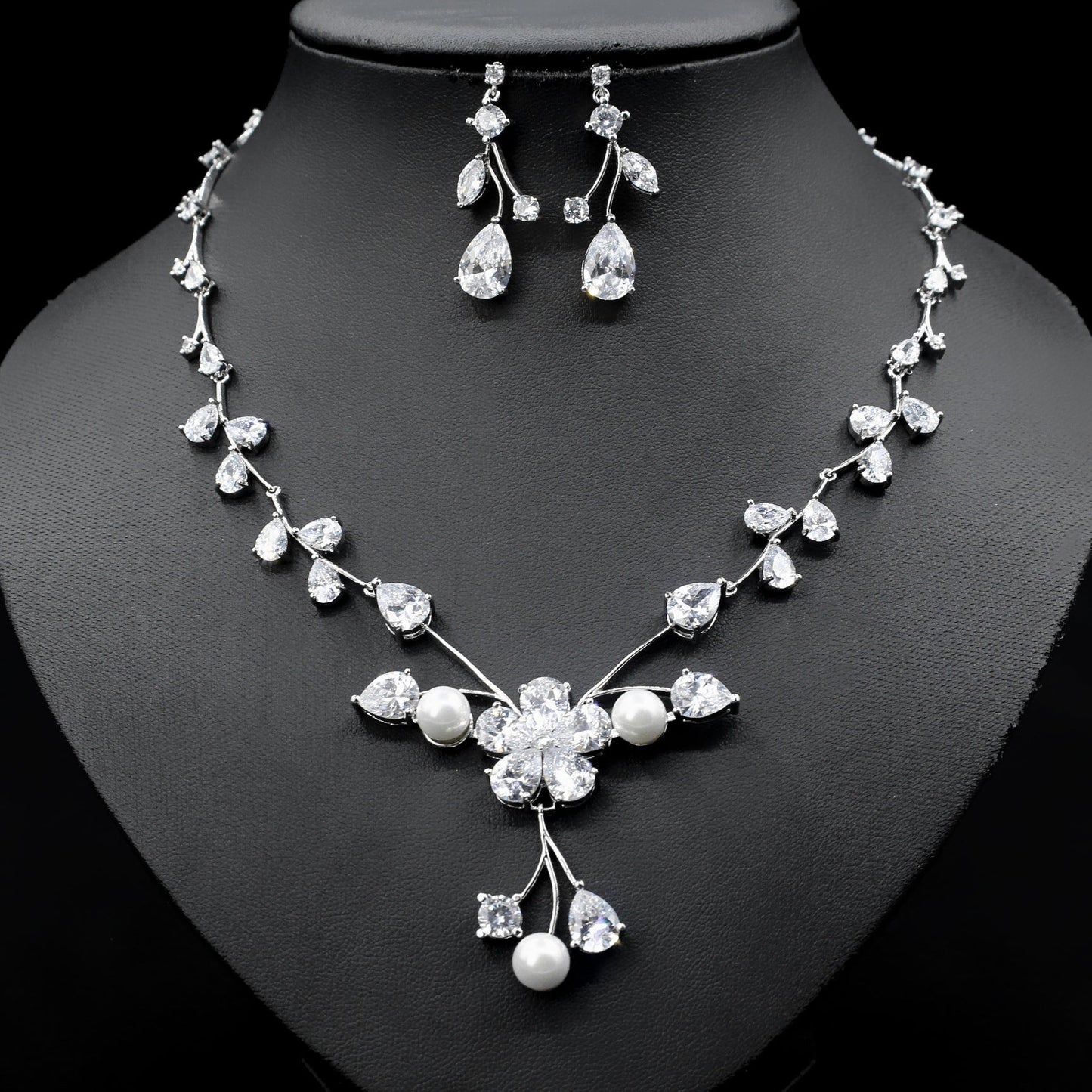 Floral Cubic Zirconia Wedding Jewelry Necklaces Earring Set