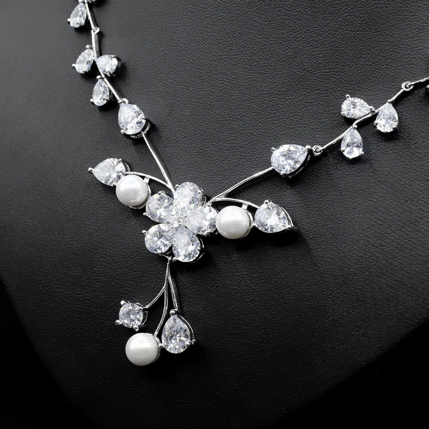 Floral Cubic Zirconia Wedding Jewelry Necklaces Earring Set