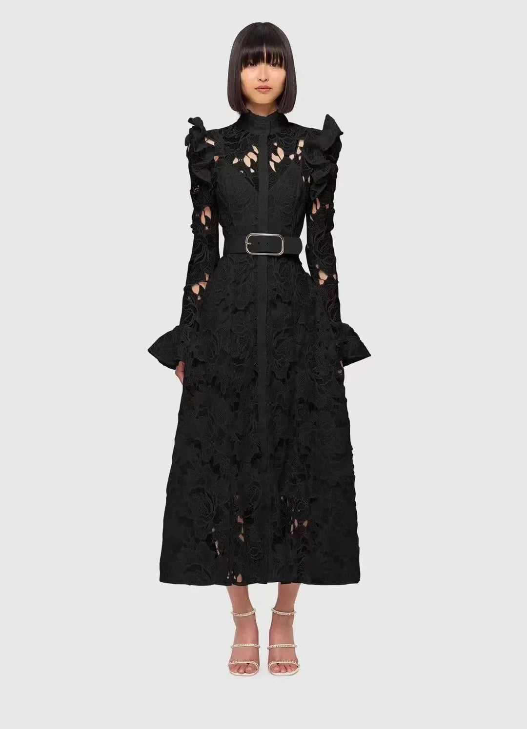 French Temperament Water-Soluble Single-Breasted Lace Dress