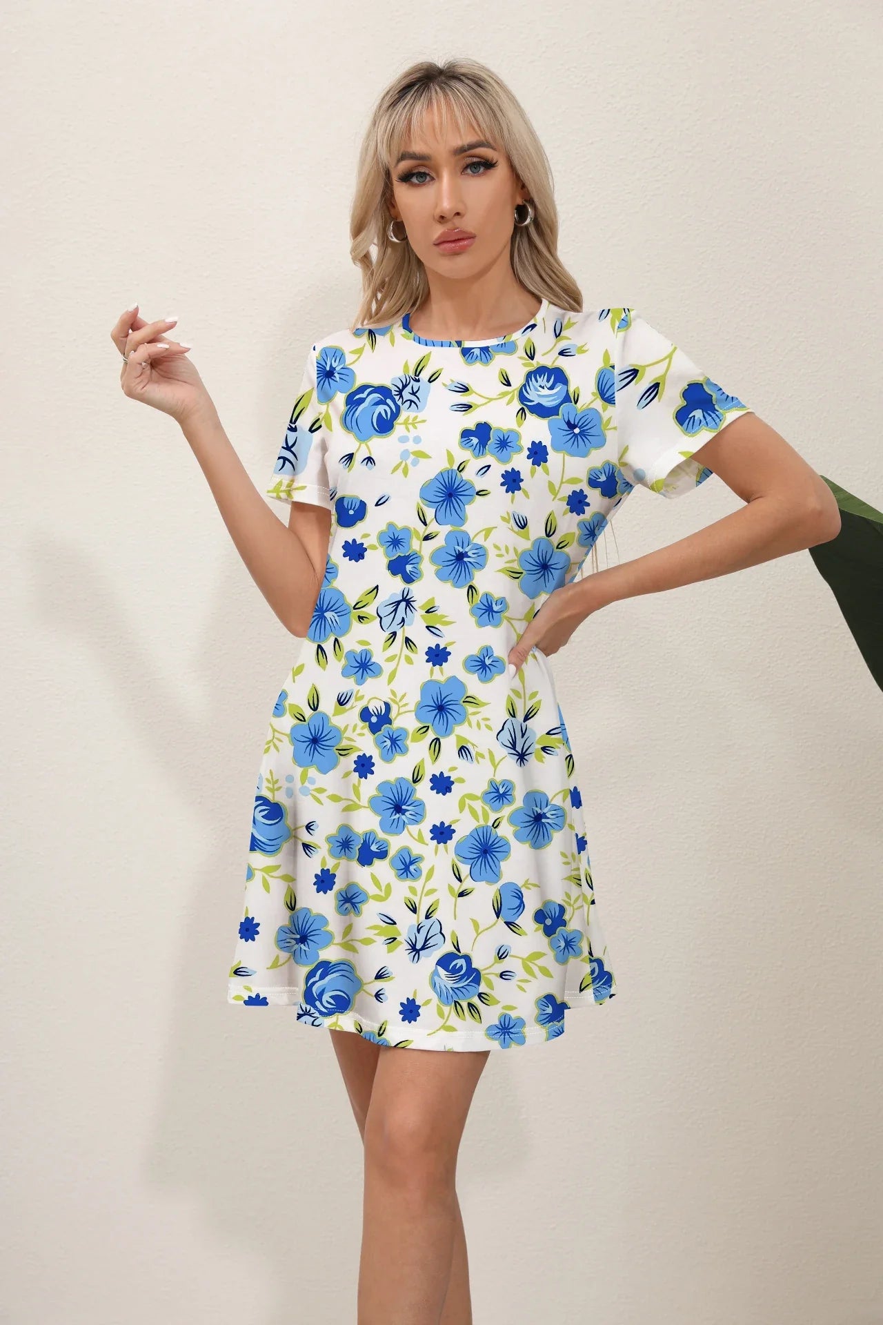 Floral Print Round Neck Slim Midi Dress