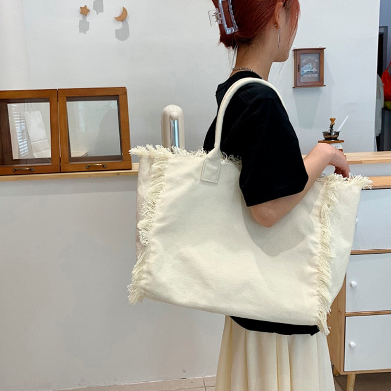 Fringe Trim Large Canvas Totes - 2 Colors