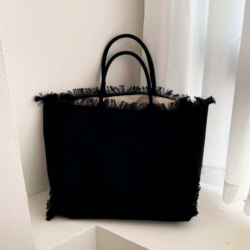 Fringe Trim Large Canvas Totes - 2 Colors