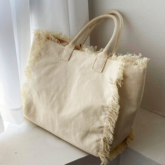 Fringe Trim Large Canvas Totes - 2 Colors