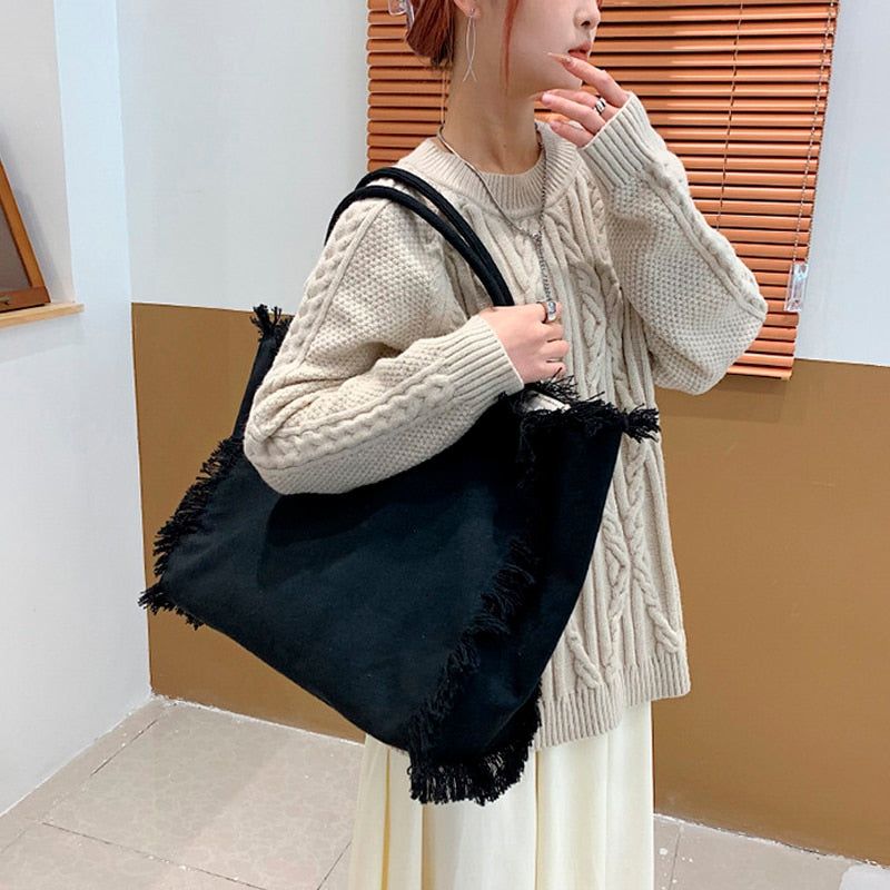 Fringe Trim Large Canvas Totes - 2 Colors