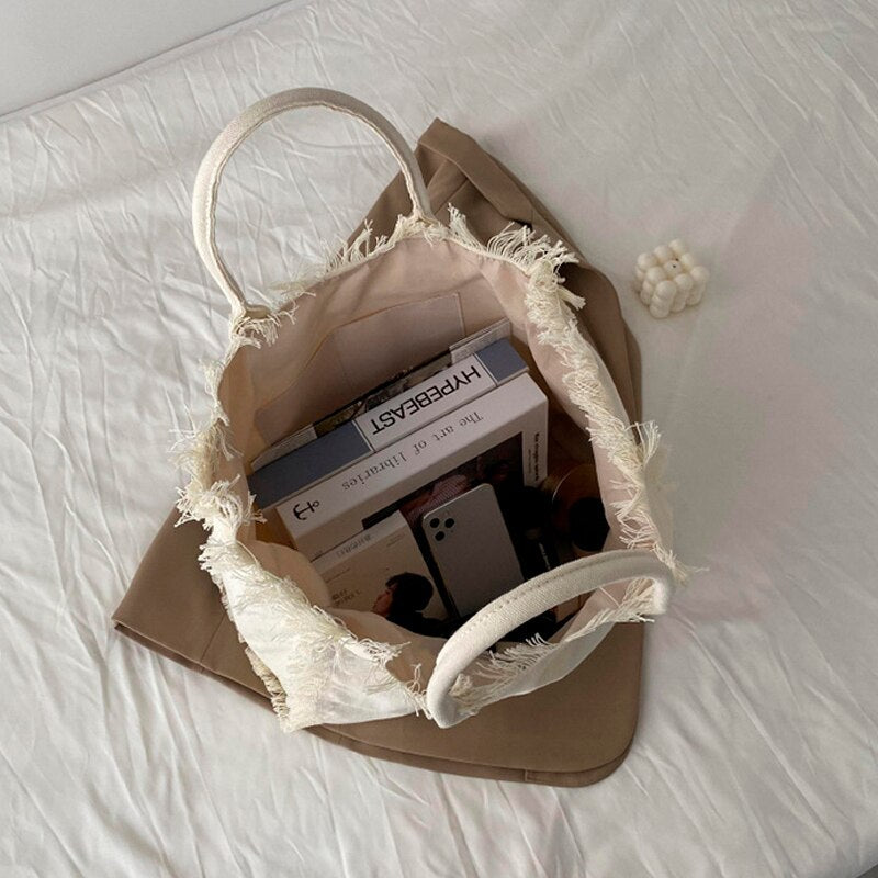 Fringe Trim Large Canvas Totes - 2 Colors
