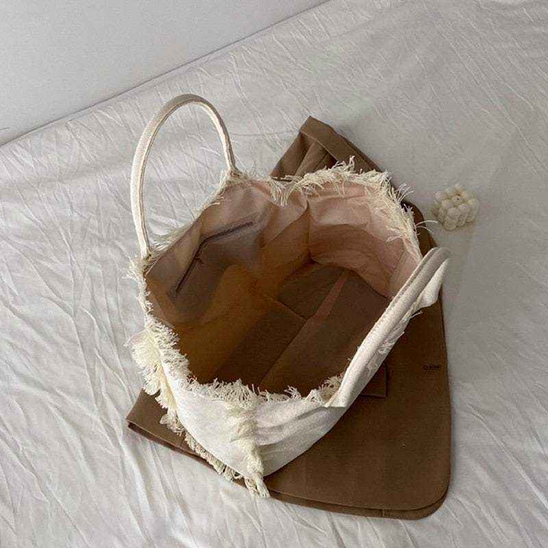 Fringe Trim Large Canvas Totes - 2 Colors